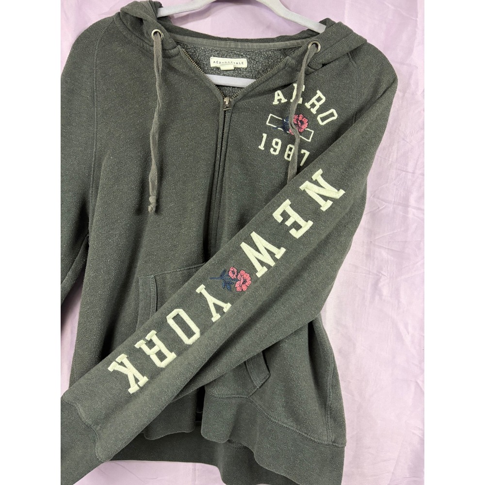 Aeropostale Womens XL Gray Aero 1987 Floral New York Full Zip Fleece Hoodie